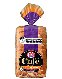 Tip Top Café Gluten Free Raisin Toast loaf in purple and orange packaging